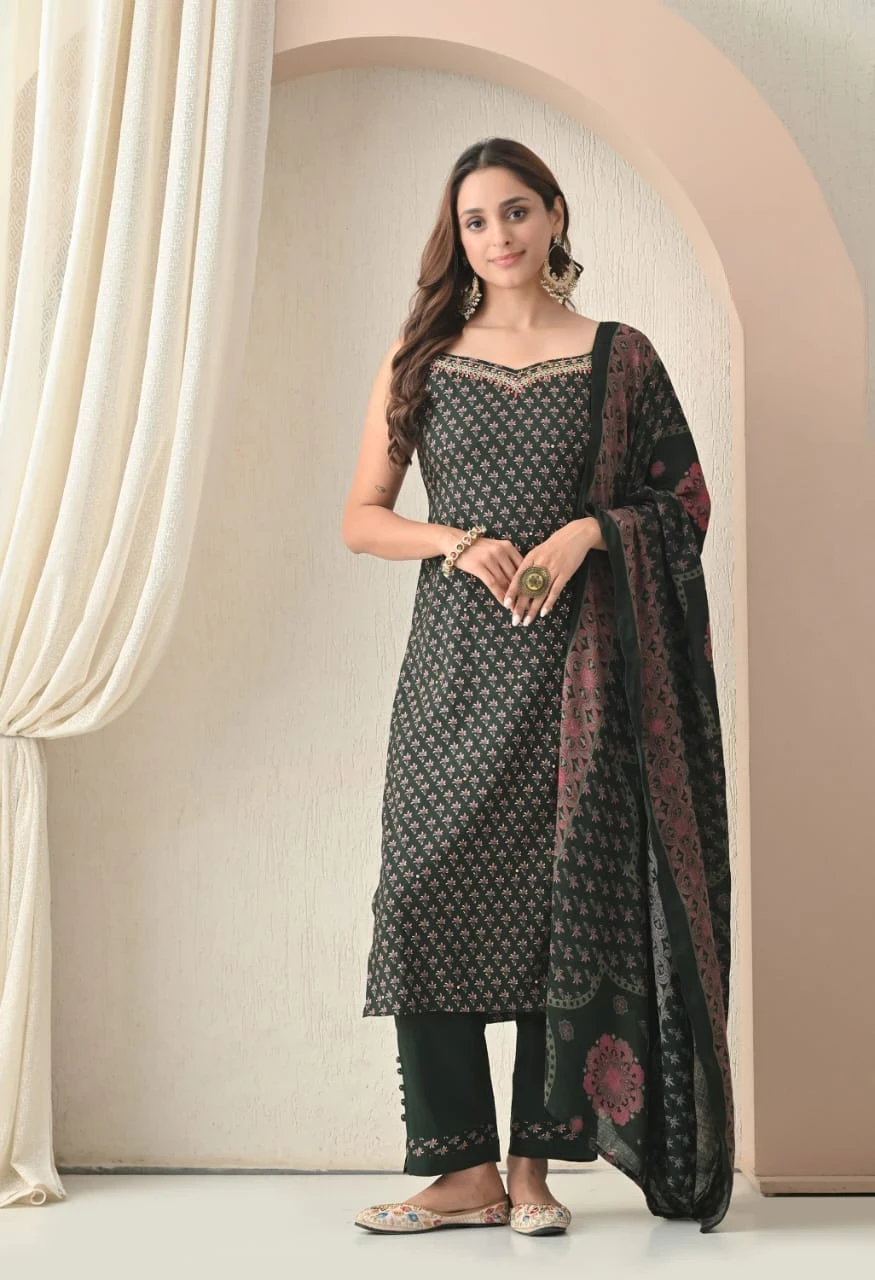 Forest Charm – Dark Green with Pink & Gold Floral Motifs - Image 2