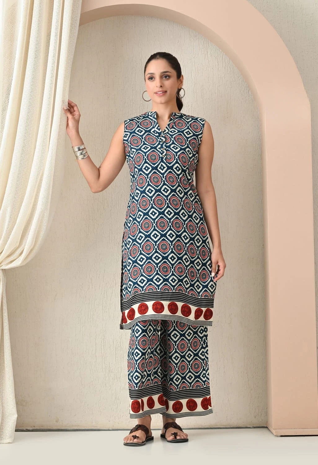 Indigo Radiance – Navy Blue & White with Red Circular Geometric Print - Image 2