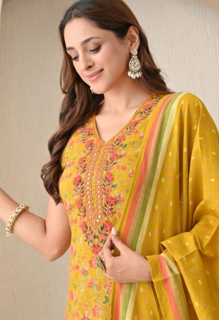 Mustard Blossom – Mustard Yellow with Multicolor Floral Embroidery